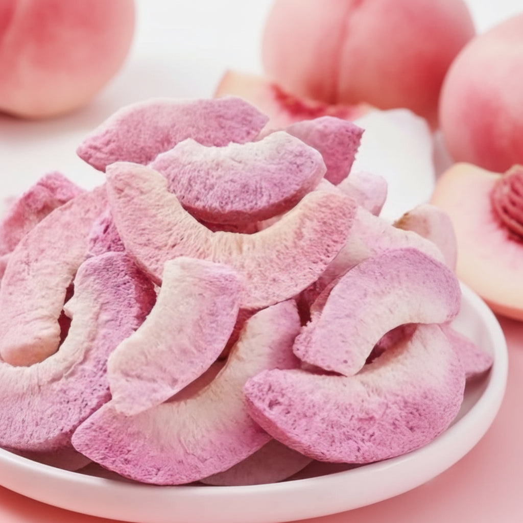 Crispy, freeze-dried, Pink peach,with no added sugar.
