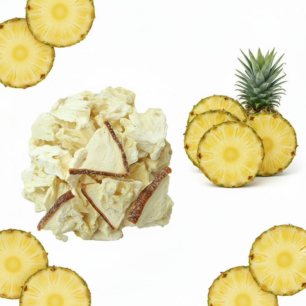 Crispy, Freeze-dried pineapple, with no added sugar.