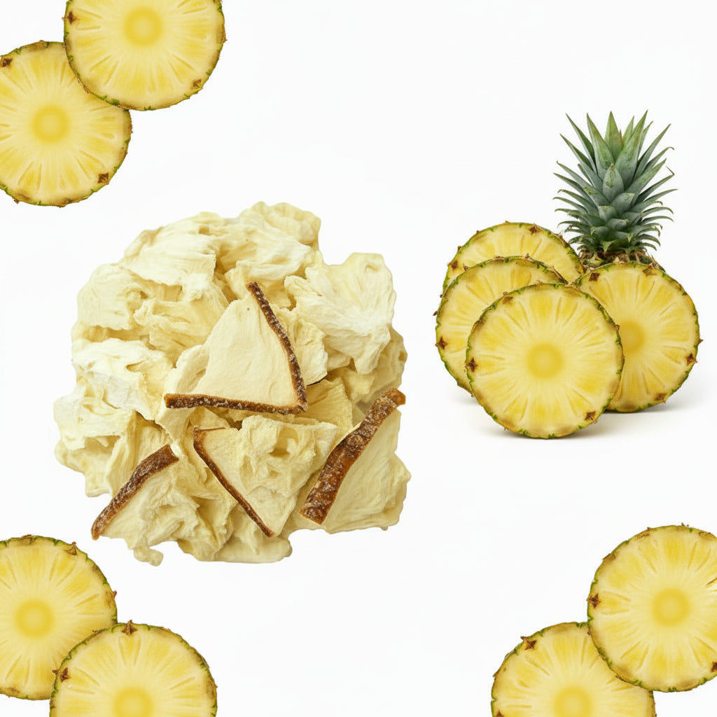 Crispy, Freeze-dried pineapple, with no added sugar.