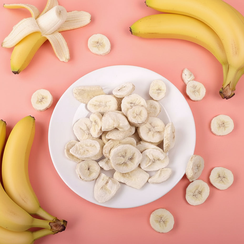 Crispy, Freeze-dried banana, with no added sugar.