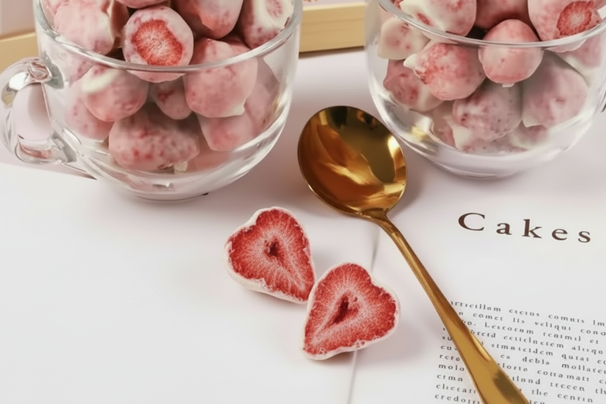 Crispy dried strawberries soaked with white chocolate