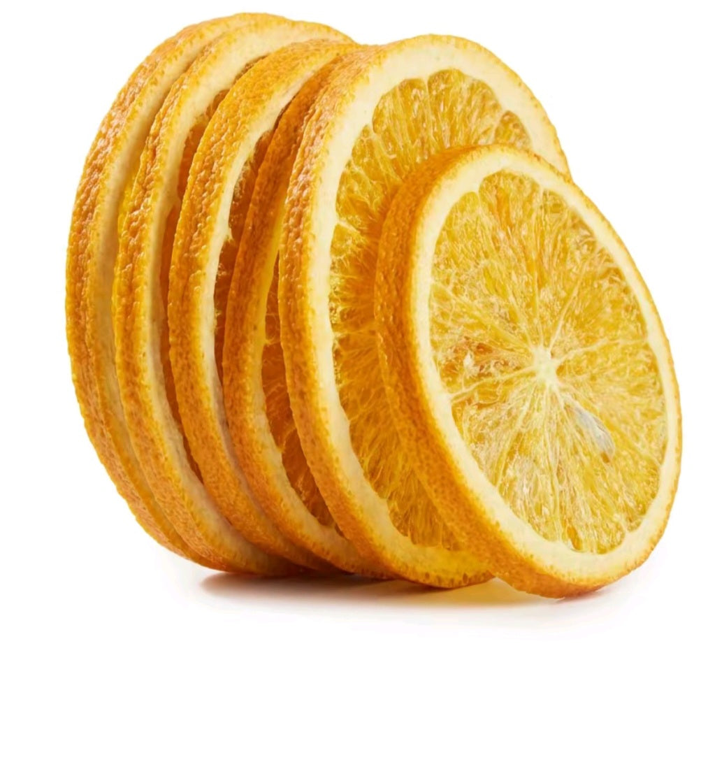 Crispy, Freeze-dried orange, with no added sugar.