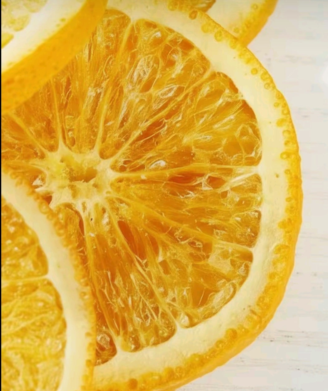 Crispy, Freeze-dried orange, with no added sugar.
